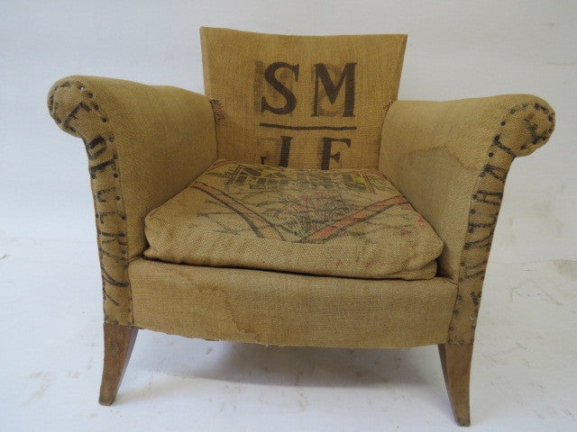 fabric chair made of vintage grain sacks