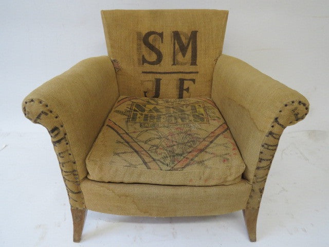 fabric chair made of vintage grain sacks