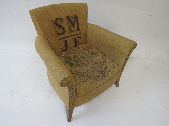 fabric chair made of vintage grain sacks