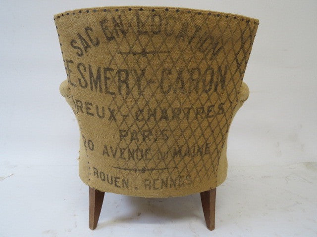fabric chair made of vintage grain sacks