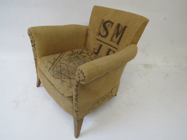 fabric chair made of vintage grain sacks