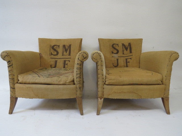 fabric chair made of vintage grain sacks
