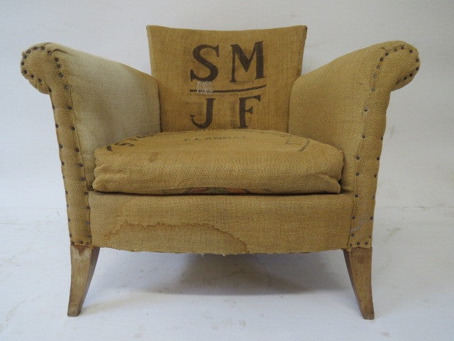 fabric chair made of vintage grain sacks