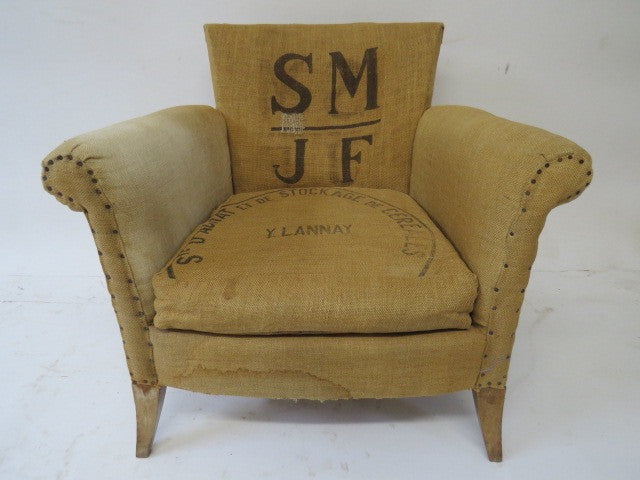 fabric chair made of vintage grain sacks