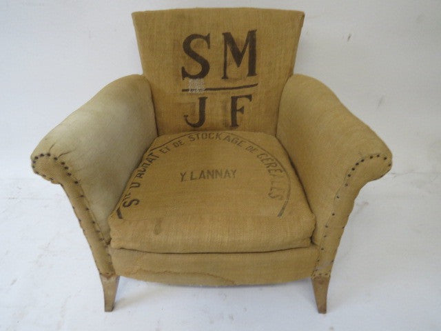 fabric chair made of vintage grain sacks
