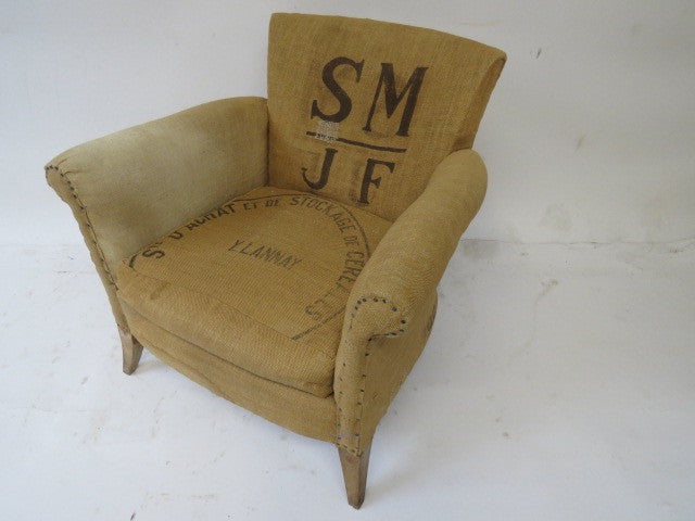 fabric chair made of vintage grain sacks