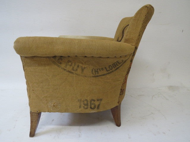 fabric chair made of vintage grain sacks