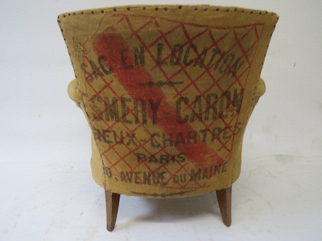 fabric chair made of vintage grain sacks