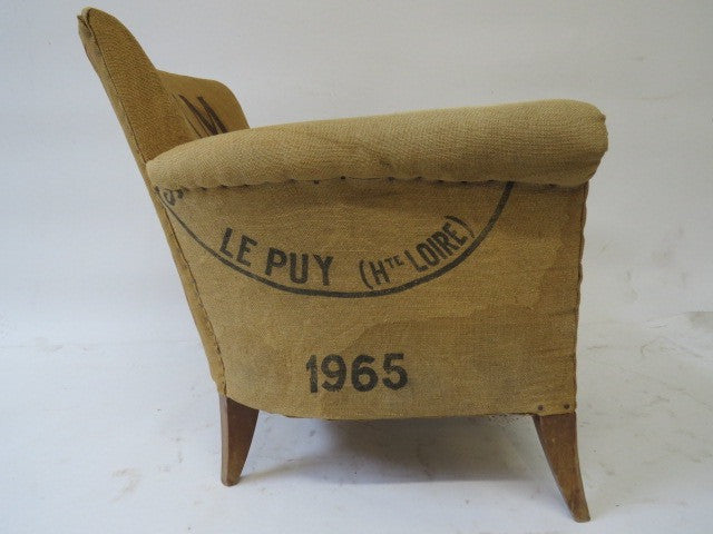 fabric chair made of vintage grain sacks